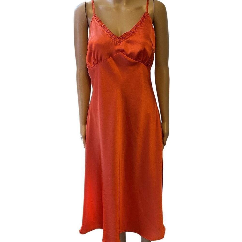Y2k Japna Women L Orange Satin Babydoll Midi Slip Dress Retro Side Slit Romantic